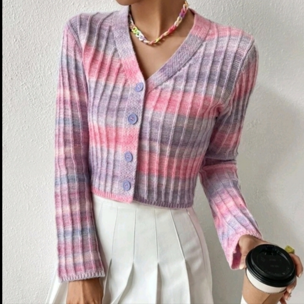 Striped Pastel Coquette Knit Sweater Cardigan Ribbed Cropped  Button Front Small